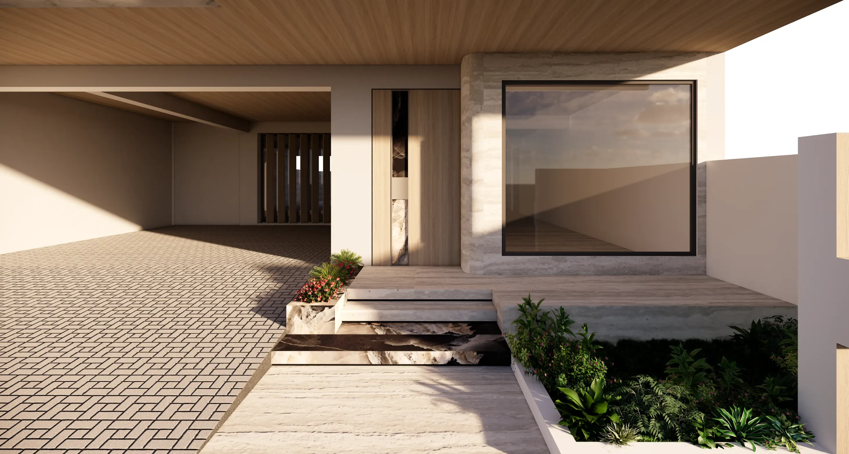Modern villa entrance with elegant architectural design